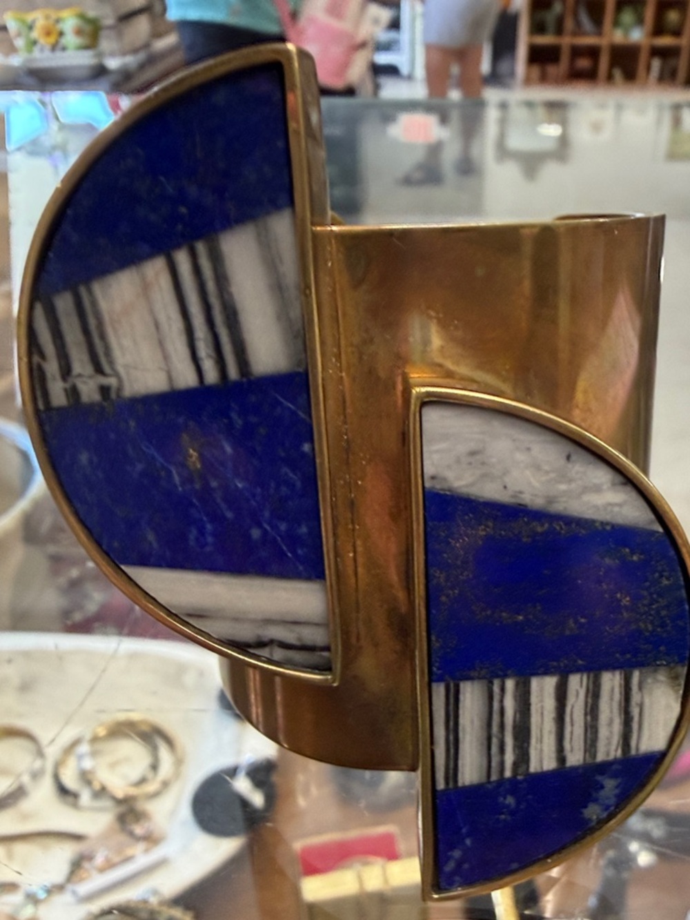 Kelly Wristler Geometric Blue and White Brass Statement Cuff Bracelet